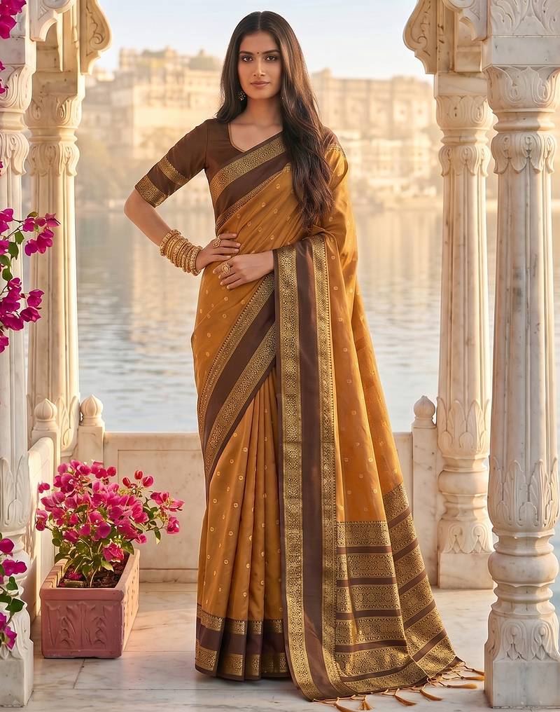 mustard & dark brown soft silk blend saree for women