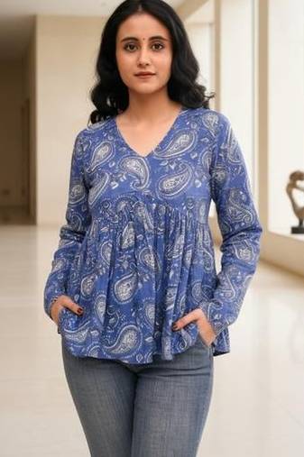 Womens blue self design cotton fabric kurtis 3/4 sleeves v-neck