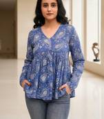 Womens blue self design cotton fabric kurtis 3/4 sleeves v-neck