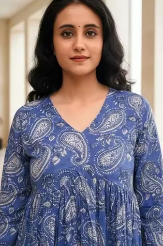 Womens blue self design cotton fabric kurtis 3/4 sleeves v-neck