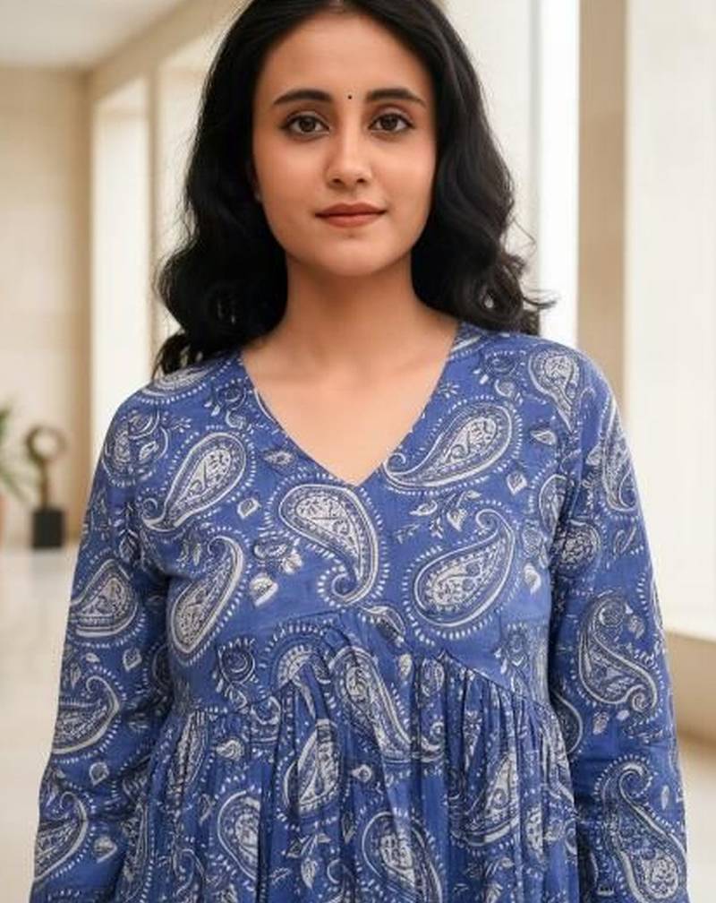 Womens blue self design cotton fabric kurtis 3/4 sleeves v-neck