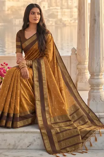 mustard & dark brown soft silk blend saree for women
