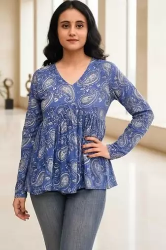 Womens blue self design cotton fabric kurtis 3/4 sleeves v-neck
