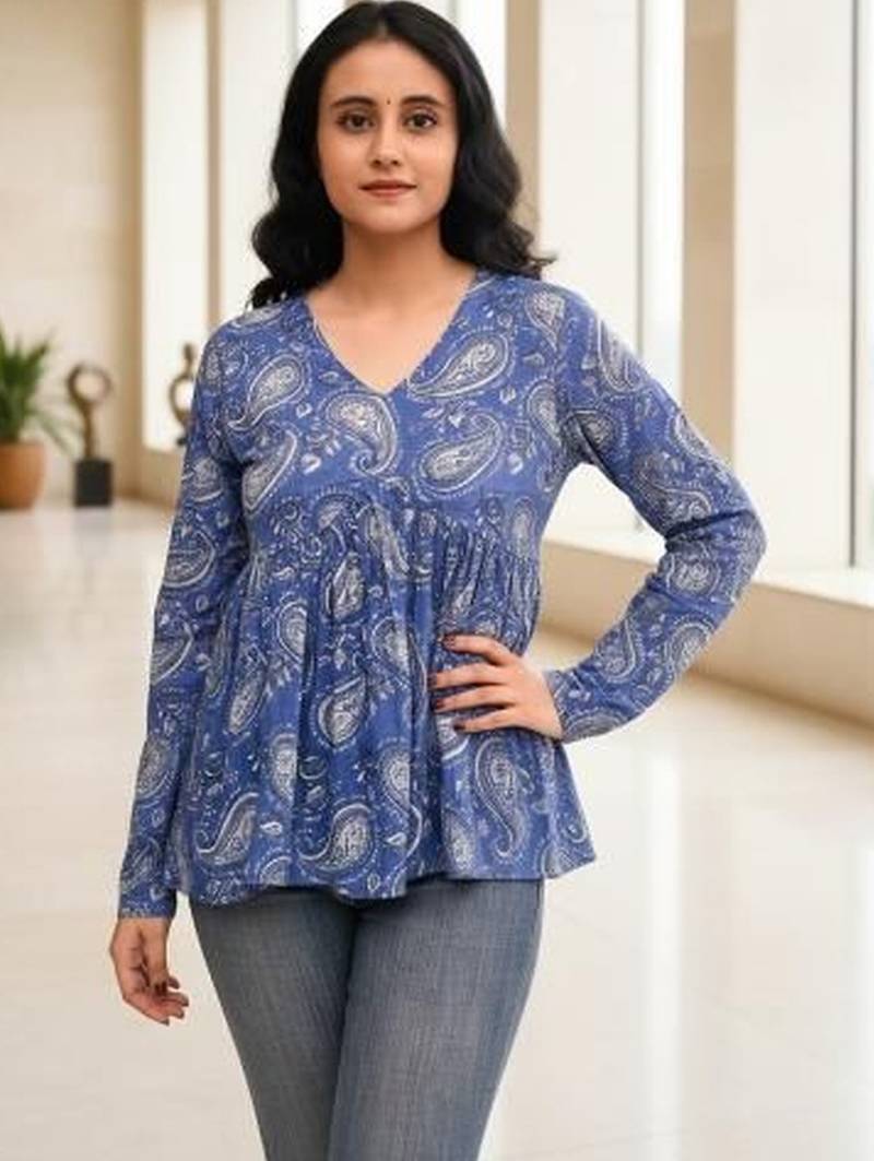 Womens blue self design cotton fabric kurtis 3/4 sleeves v-neck