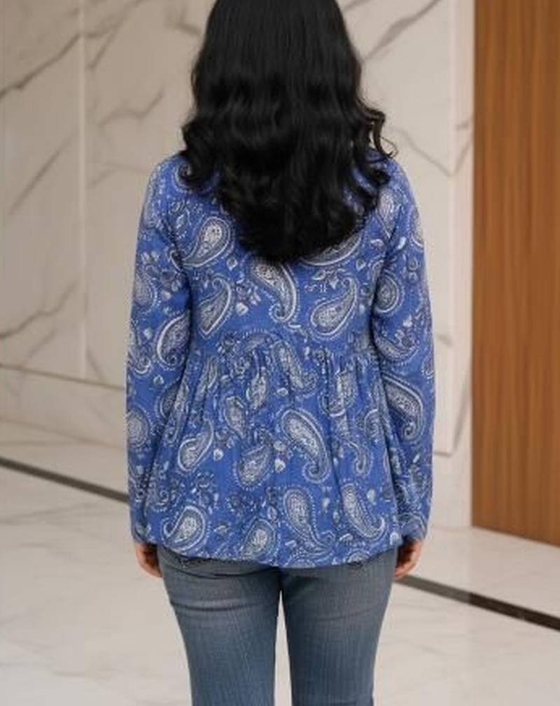 Womens blue self design cotton fabric kurtis 3/4 sleeves v-neck
