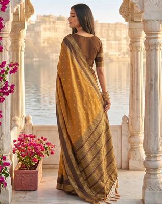 mustard & dark brown soft silk blend saree for women 3