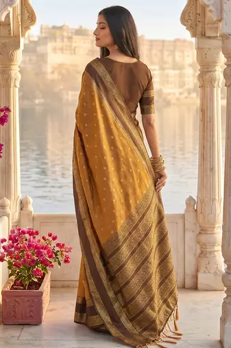 mustard & dark brown soft silk blend saree for women