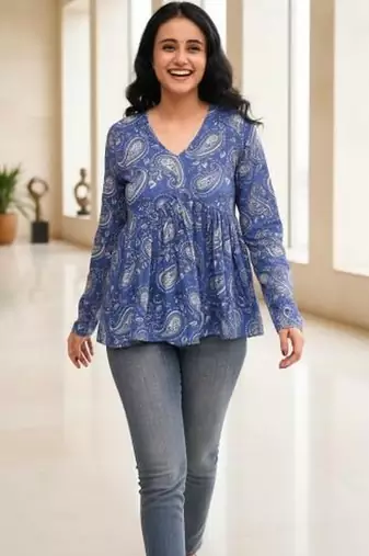 Womens blue self design cotton fabric kurtis 3/4 sleeves v-neck