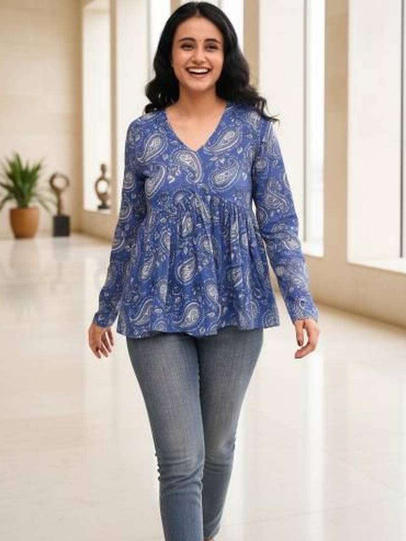 Womens blue self design cotton fabric kurtis 3/4 sleeves v-neck