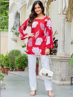 Womens red self design cotton fabric kurtis 3/4 sleeves square neck 1