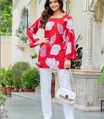 Womens red self design cotton fabric kurtis 3/4 sleeves square neck