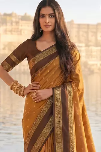 mustard & dark brown soft silk blend saree for women