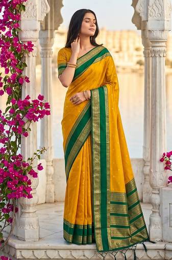 yellow & green soft silk blend saree for women