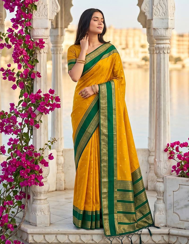 yellow & green soft silk blend saree for women