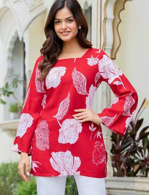 Womens red self design cotton fabric kurtis 3/4 sleeves square neck 2