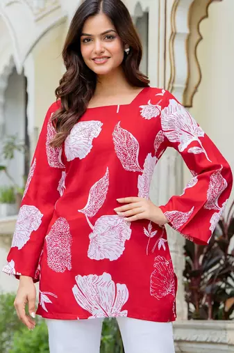 Womens red self design cotton fabric kurtis 3/4 sleeves square neck