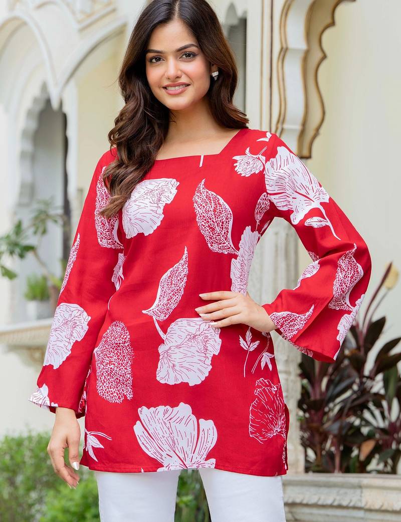 Womens red self design cotton fabric kurtis 3/4 sleeves square neck