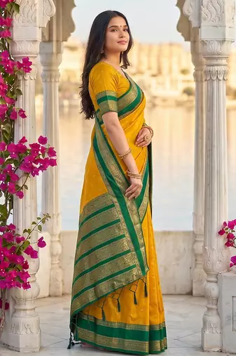 yellow & green soft silk blend saree for women