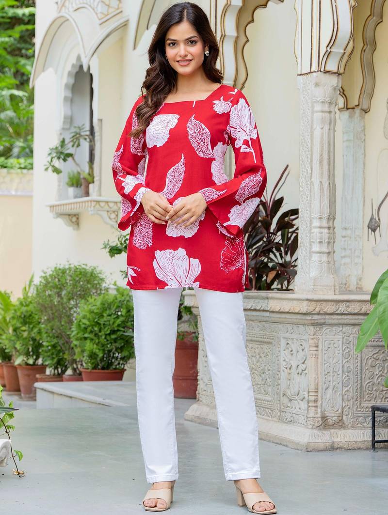 Womens red self design cotton fabric kurtis 3/4 sleeves square neck