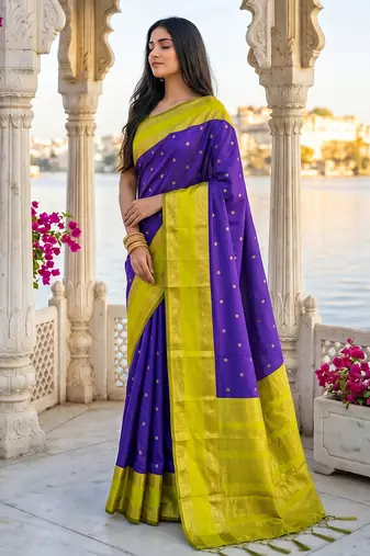 purple & lime green soft silk blend saree for women