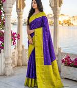 purple & lime green soft silk blend saree for women