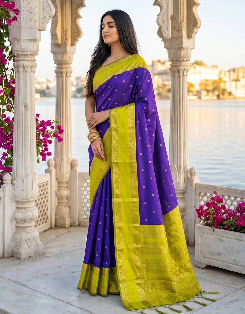 purple & lime green soft silk blend saree for women