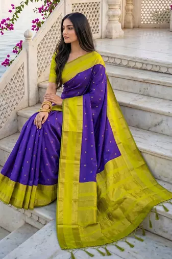 purple & lime green soft silk blend saree for women