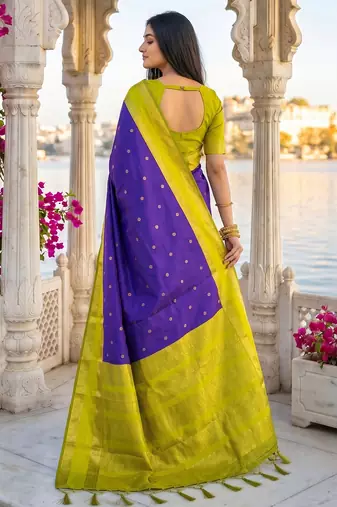 purple & lime green soft silk blend saree for women