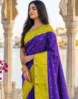 purple & lime green soft silk blend saree for women 4