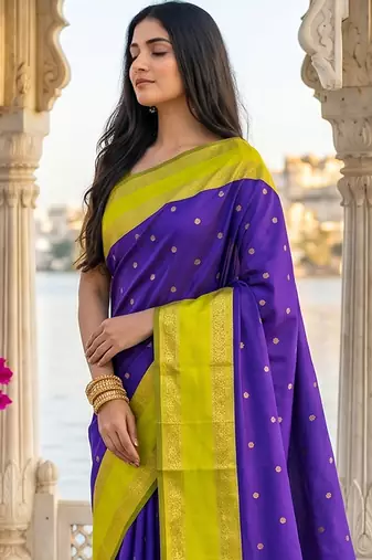 purple & lime green soft silk blend saree for women
