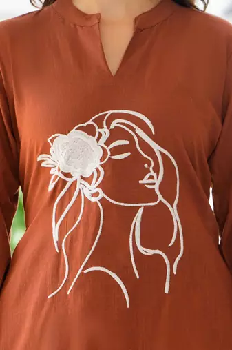 Womens rush self design cotton fabric kurtis 3/4 sleeves mandarin collar