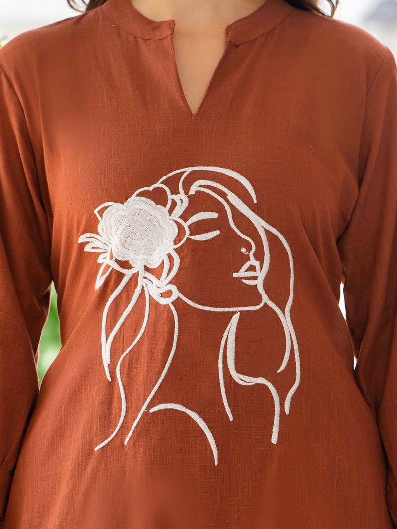 Womens rush self design cotton fabric kurtis 3/4 sleeves mandarin collar