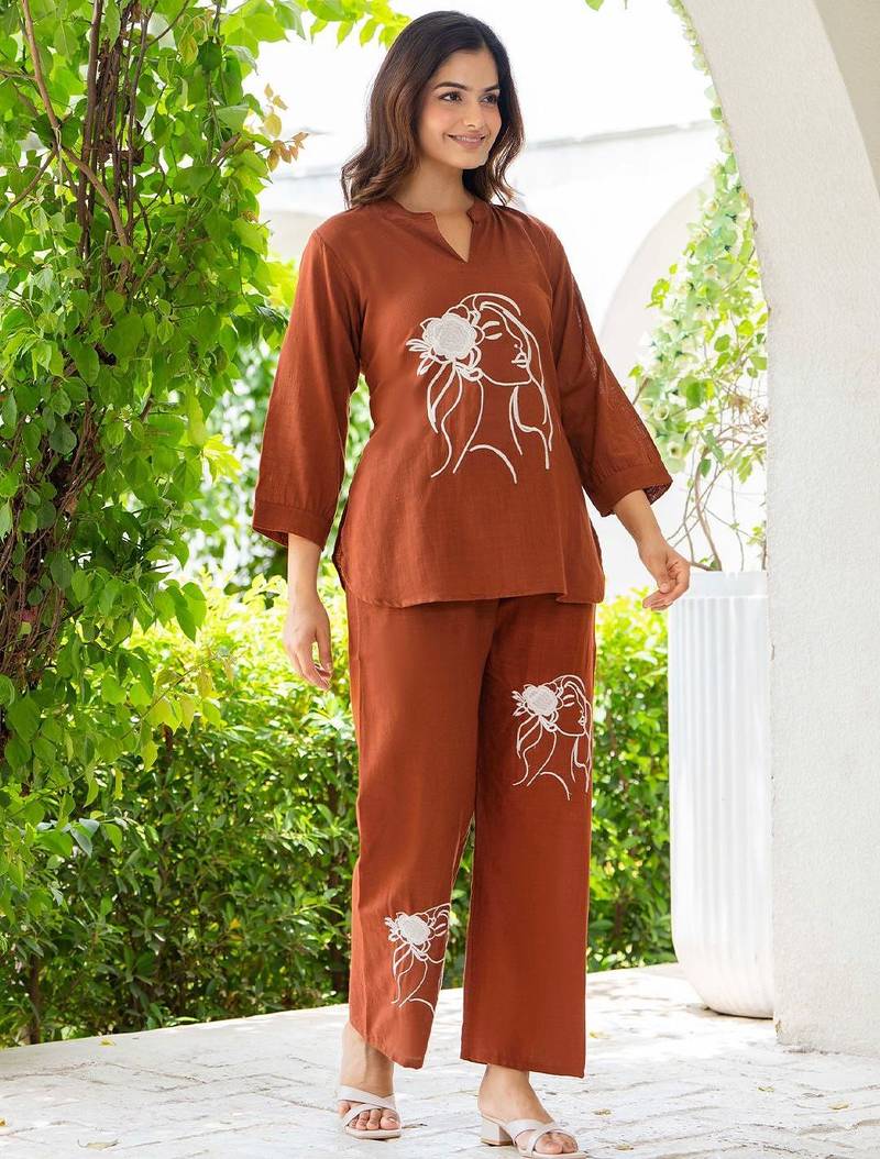 Womens rush self design cotton fabric kurtis 3/4 sleeves mandarin collar