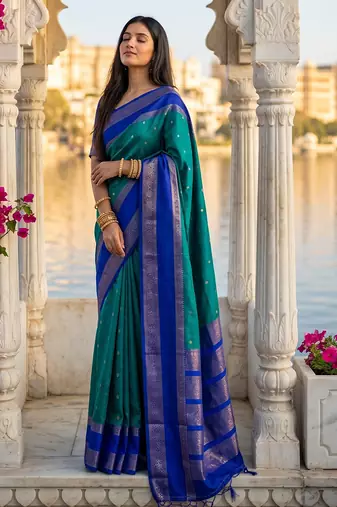 teal & navy blue soft silk blend saree for women