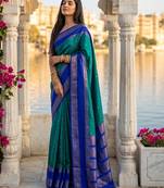 teal & navy blue soft silk blend saree for women