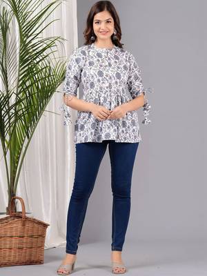 Womens white self design cotton fabric kurtis 3/4 sleeves mandarin collar 1