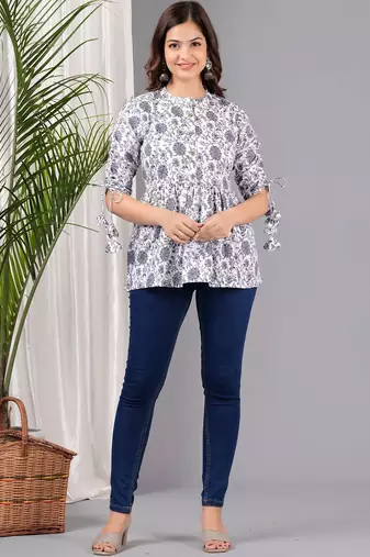 Womens white self design cotton fabric kurtis 3/4 sleeves mandarin collar