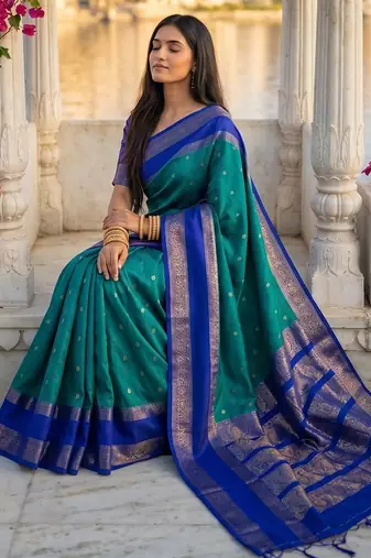 teal & navy blue soft silk blend saree for women