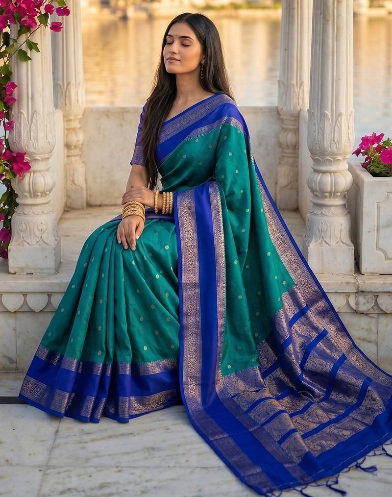 teal & navy blue soft silk blend saree for women