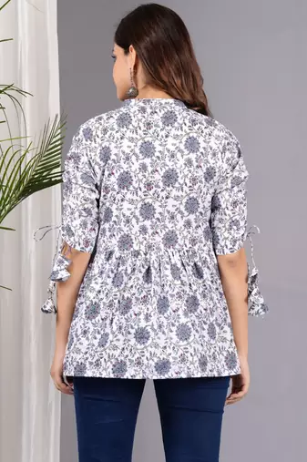 Womens white self design cotton fabric kurtis 3/4 sleeves mandarin collar