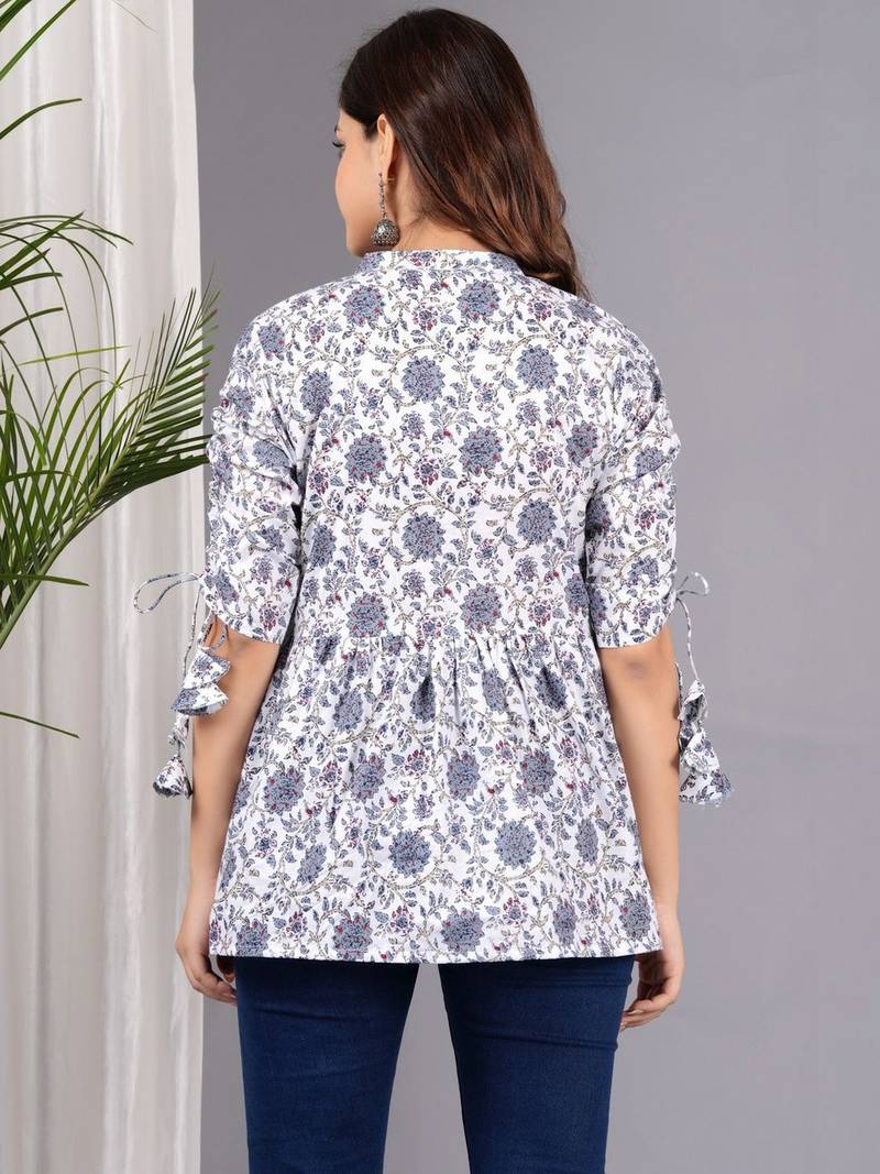 Womens white self design cotton fabric kurtis 3/4 sleeves mandarin collar