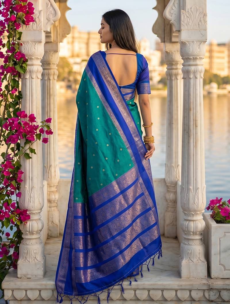 teal & navy blue soft silk blend saree for women