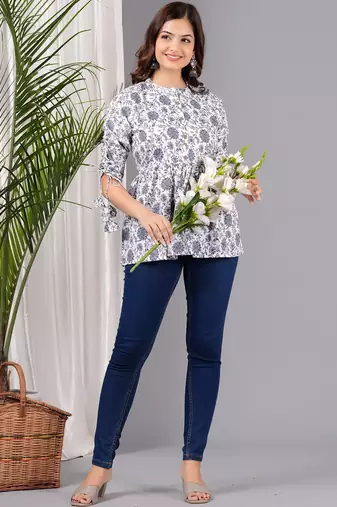 Womens white self design cotton fabric kurtis 3/4 sleeves mandarin collar