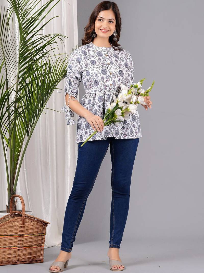 Womens white self design cotton fabric kurtis 3/4 sleeves mandarin collar