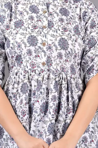 Womens white self design cotton fabric kurtis 3/4 sleeves mandarin collar