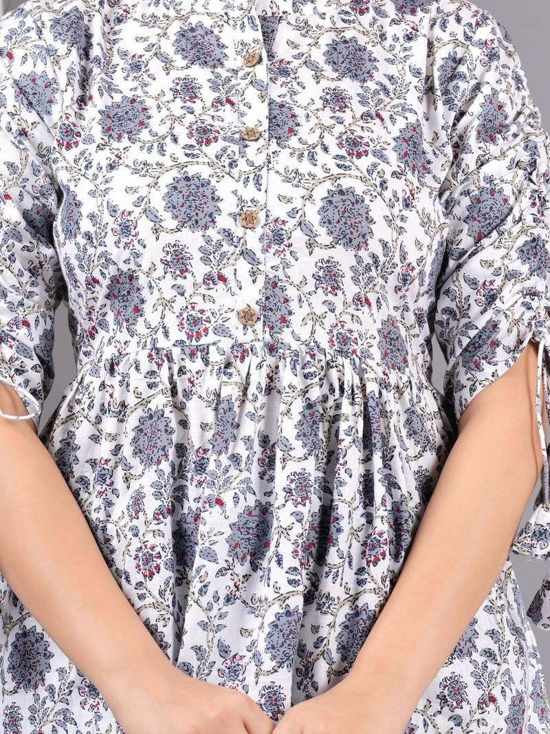 Womens white self design cotton fabric kurtis 3/4 sleeves mandarin collar