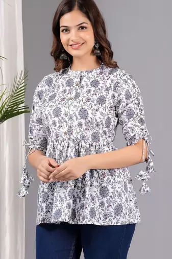 Womens white self design cotton fabric kurtis 3/4 sleeves mandarin collar