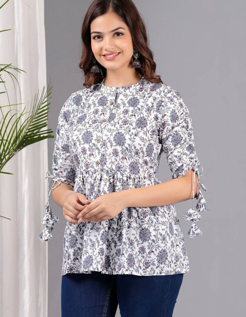 Womens white self design cotton fabric kurtis 3/4 sleeves mandarin collar
