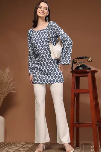 Womens navy blue self design cotton fabric kurtis 3/4 sleeves square neck