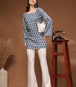 Womens navy blue self design cotton fabric kurtis 3/4 sleeves square neck